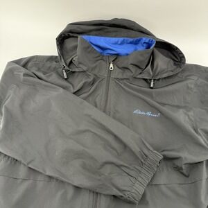 Eddie Bauer Mens L Wind Breaker Jacket Full Zip Black Pockets Tuck Away Hood